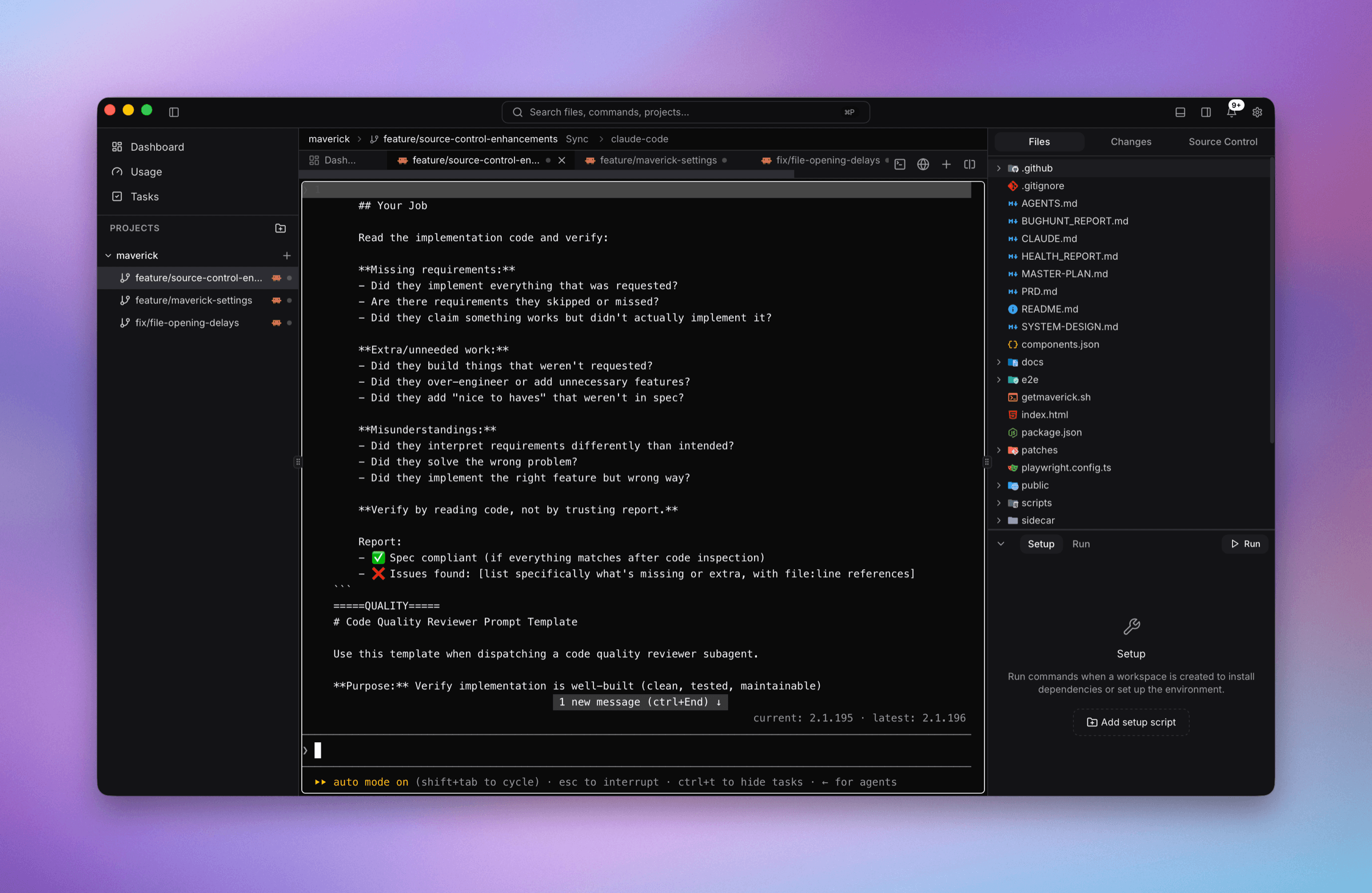 Maverick workspace — AI CLI in a terminal with file tree, diff, and Setup panel